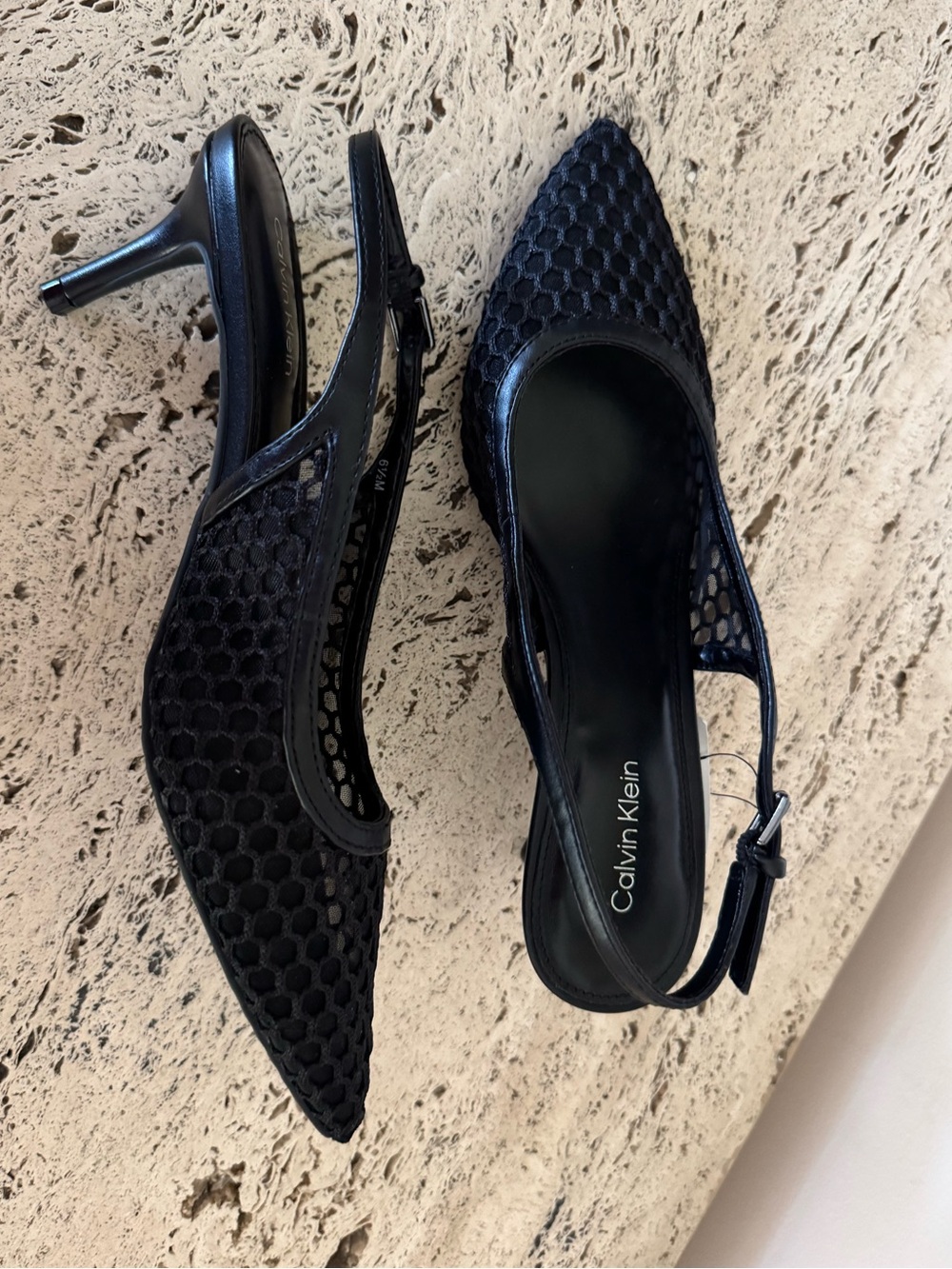 NWOB Calvin Klein Black Mesh Pointed Slingback Kitten Heels. Size 6.5
